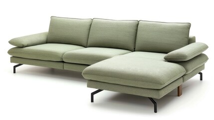 Modern L-shaped sofa with chaise longue in light green fabric