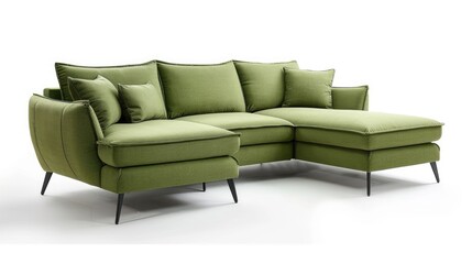 Modern L-shaped sofa with chaise longue in light green fabric