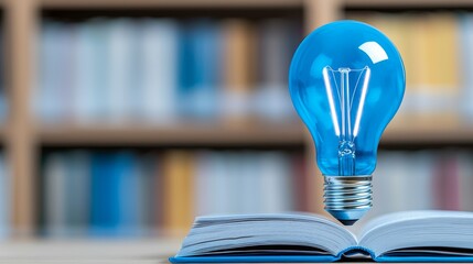 Poster - A shining lightbulb resting on a pile of books symbolizes the harmony of knowledge and ideas
