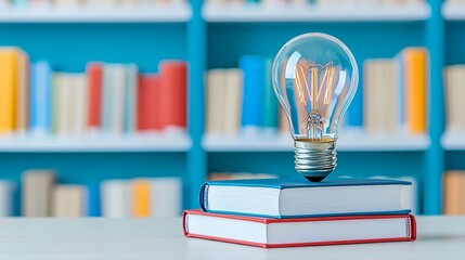 Poster - A radiant lightbulb positioned on top of a stack of books signifies the fusion of knowledge and ideas