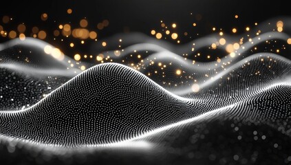 Poster - network connections in a digital landscape depicted as an abstract dark wave of dots and lines