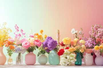 Aufkleber - Colorful arrangement of flowers in various vases on a pastel background at a bright indoor setting. Generative AI