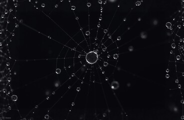 a spider web with rain drops on a dark background