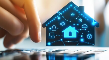 Poster - Digital Concept of Smart Home Technology with User Interaction Illustration Depicting Connectivity, Automation, and Security Features through Modern Icons