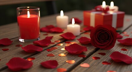 Poster - A wooden surface which is adorned with red rose petals candles and heart-shaped confetti A romantic setting for a Valentine's Day or an anniversary celebration Valentine decoration with candle