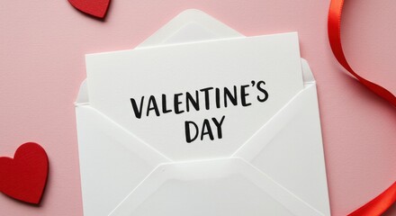 Poster - A Valentine's Day -themed greeting card in white envelope with black text that reads, HAPPY VALENTINE'S DAY The envelope is partially open
