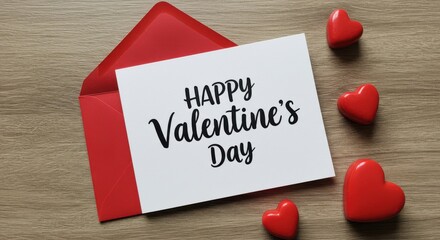 Poster - A Valentine's Day -themed white postcard in red envelope with black text that reads, HAPPY VALENTINE'S DAY The envelope is partially open