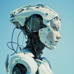 Poster - A white robotic head with visible wires and circuitry. AI.
