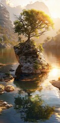 Wall Mural - A lone tree grows out of a rock in a serene lake. AI.