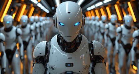 Poster - 3D-rendered portraits of a human robot leader and a robotics army, featuring an industrial group of cyborg machines in a factory setting. This futuristic AI robotic team embodies a stock technology