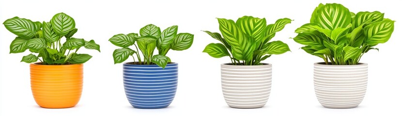 A group of potted green plants for indoor decor, isolated on a clear  background.