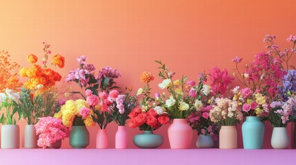 Poster - Colorful bouquets arranged in vases on a table with a gradient background during daylight. Generative AI