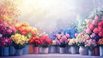 Aufkleber - Vibrant flower arrangement in various colors displayed in pots during daylight. Generative AI