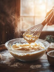 Poster - Whisking pancake batter in a glass bowl on a wooden table in a cozy kitchen setting on a sunny morning. Generative AI