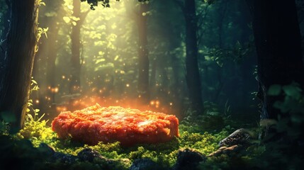 Wall Mural - Enchanting Sunlit Forest Scene with Glowing Moss Ferns and a Mystical Atmosphere  Fairytale like Woodland Landscape with Captivating Natural Beauty