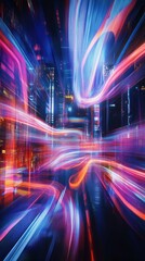 Wall Mural - Futuristic Abstract Image Depicting Dynamic Light Trails in a Colorful Cyberpunk Cityscape at Night with Illuminated Skyscrapers and Vibrant Neon Effects