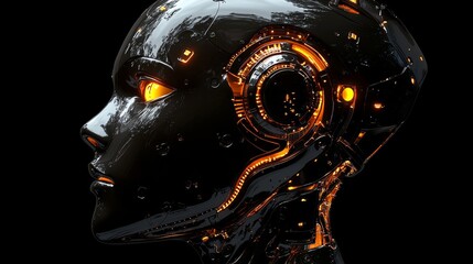 Poster - An intricately designed futuristic red humanoid cyborg with a metallic skull, viewed from the side back, isolated on a black background, leaving space for text. 3D render