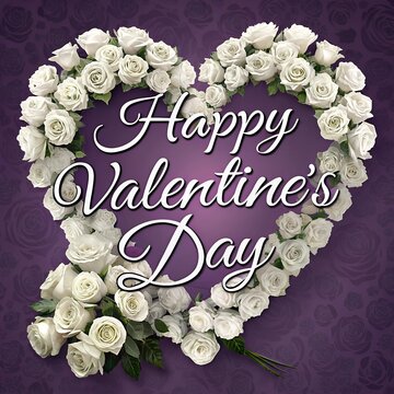 Happy Valentines day write with  bounce white rose and purple background   