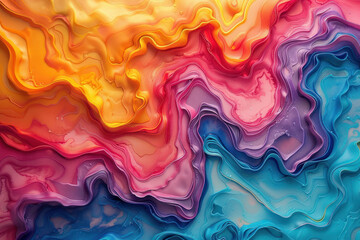 Poster - a bright and colorful abstract composition made using liquid acrylic technique. The main colors are rich yellows, oranges, pinks, purples and blues.  