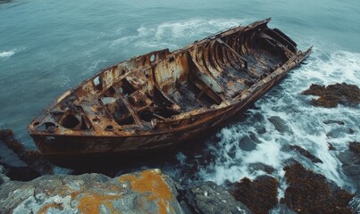 Wall Mural - Abandoned Rusty Shipwreck on Rocky Shore