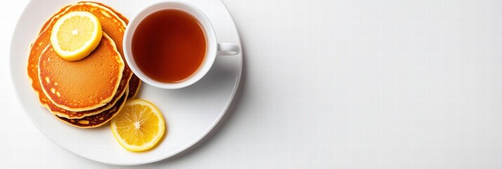 Poster - Enjoying a delightful breakfast of pancakes and tea with fresh lemon slices on a minimalistic white table. Generative AI