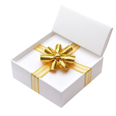 Wall Mural - Elegant transparent gift box with a shiny gold ribbon waiting to be opened, transparent color open gift box with gold ribbon isolated