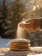 Poster - Hands sprinkle powdered sugar over delicious pancakes during a cozy winter morning in a serene setting. Generative AI