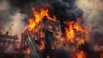 Aufkleber - Firefighters battling a fierce blaze are using a fire truck ladder to reach the upper floors of a burning building, engulfed in flames and thick smoke during a dramatic night scene