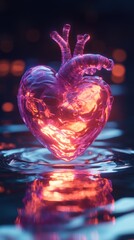 Poster - Vibrant Heart Shaped Art Piece Glowing in Water with Ripples, Ideal for Romantic Themes and Emotional Expressions in Digital or Print Formats