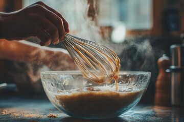 Aufkleber - Whisking together pancake batter in a glass bowl on a cozy kitchen countertop. Generative AI