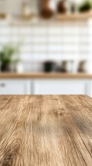 Aufkleber - Empty wooden table providing space for product placement with a blurred modern kitchen in the background provides a perfect setting for showcasing culinary creations or kitchen appliances