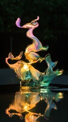 Poster - Colorful Abstract Sculpture of Liquid Glass Forming Ethereal Shapes with Soft Glow and Reflections Against a Dark Background