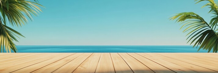 Poster - Wooden planks extending towards a tranquil turquoise ocean, framed by lush palm trees, create a serene and inviting tropical paradise setting, perfect for summer holidays and relaxing getaways