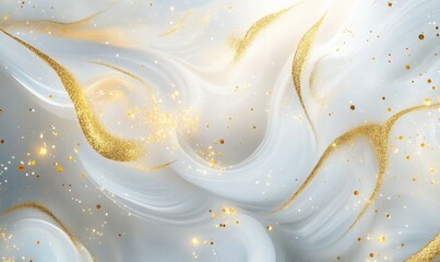 Wall Mural - Beautiful White and Pastel Liquid Swirls with Gold Glitter. Luxurious Acrylic Pour Background.