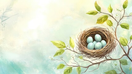 Aufkleber - Nest with blue eggs resting on a branch in a serene landscape under a soft sky. Generative AI