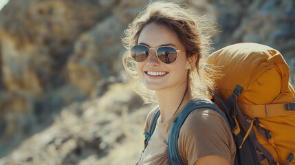 Wall Mural - Young woman hiking in the mountains, wearing sunglasses and a backpack, smiling with joy and adventure, portrait of freedom and exploration in a beautiful outdoor landscape on a sunny day.