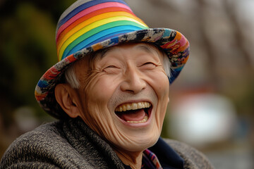 Wall Mural - An elderly Asian man laughing wholeheartedly, with a rainbow-patterned hat tilted playfully on his head