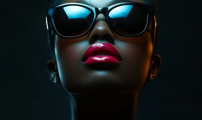 Wall Mural - Stylish Black woman in sunglasses on dark background