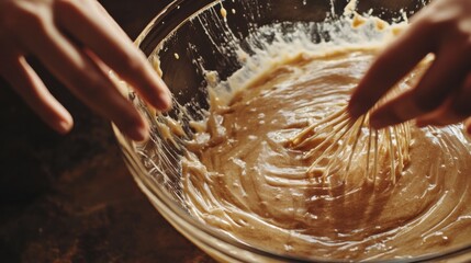 Aufkleber - Whisking pancake batter in a glass bowl during a cozy morning kitchen session. Generative AI