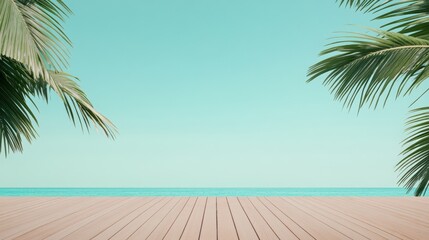 Poster - Wooden floor extending towards a serene turquoise ocean, framed by lush palm leaves, creating a tranquil tropical setting, perfect for evoking a sense of summer vacation and relaxation