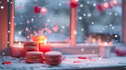 Canvas Print - A window seat overlooking the snow, with heart-shaped macarons and pink cream in front of it