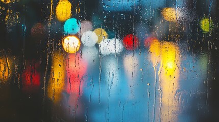 Aufkleber - Rain streaming down a glass window creates a mesmerizing blur of colorful city lights in the background, crafting an atmospheric and abstract urban scene on a rainy night