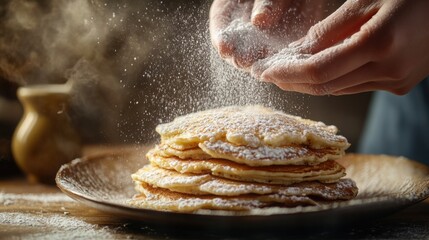 Poster - Hands sprinkling powdered sugar over a delicious stack of fluffy pancakes in a cozy kitchen setting. Generative AI