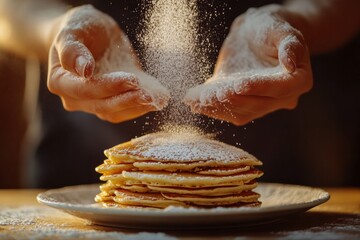 Poster - Hands sprinkling powdered sugar over fluffy pancakes stacked on a plate in a cozy kitchen during a morning meal preparation. Generative AI