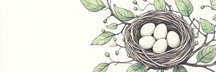 Leinwandbilder - Doodle of a nest with five eggs surrounded by green leaves resting on a branch in a serene natural setting. Generative AI