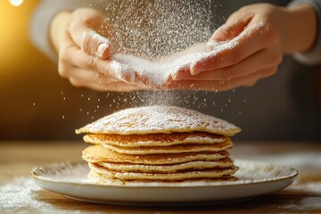 Poster - Delighting in the art of sprinkling powdered sugar over a warm stack of pancakes at a cozy breakfast table. Generative AI