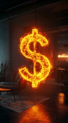 Aufkleber - Large, fiery dollar sign hangs suspended in a contemporary office space, illuminating the modern interior with a vibrant, orange glow