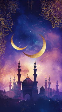 Abstract Ramadan scene with a gradient purple and indigo background, highlighted by gold crescent moons, delicate mosque silhouettes, and ornate patterns. Vertical social media post, reels, stories