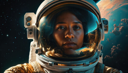 Wall Mural - Astronaut wearing helmet gazes at Earth in a mesmerizing space environment during a cosmic exploration