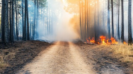 Poster - Intense flames engulfing vegetation along a dirt road create a hazardous environment, with thick smoke billowing into the air, marking a devastating forest fire scene